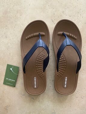 Okabashi Navy Blue Flip Flops with brown footbed